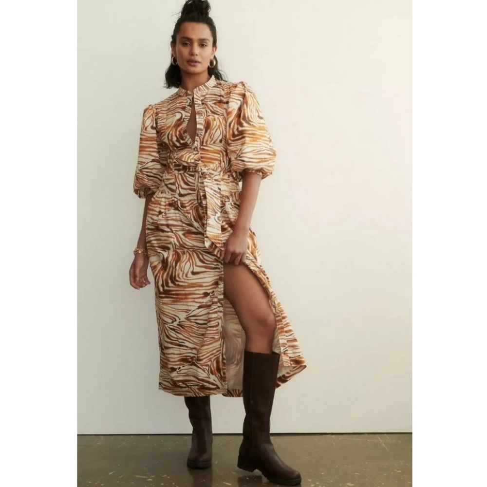 Anthropologie Love The Label Honey Puff Sleeve Midi Dress Womens Size XS